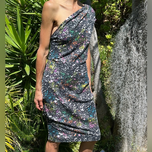 Rachel Roy Women One Shoulder Midi Dress Black w Color Splashes (M) - Picture 5 of 13